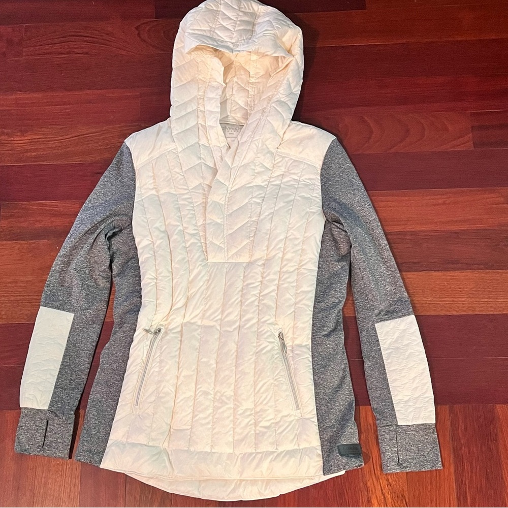 Calvin Klein Performance Down Puffer Jacket Pullover White Gray Hood Packable S
